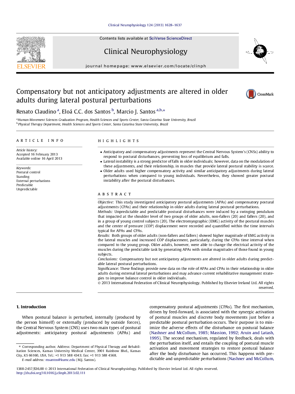 Compensatory but not anticipatory adjustments are altered in older adults during lateral postural perturbations