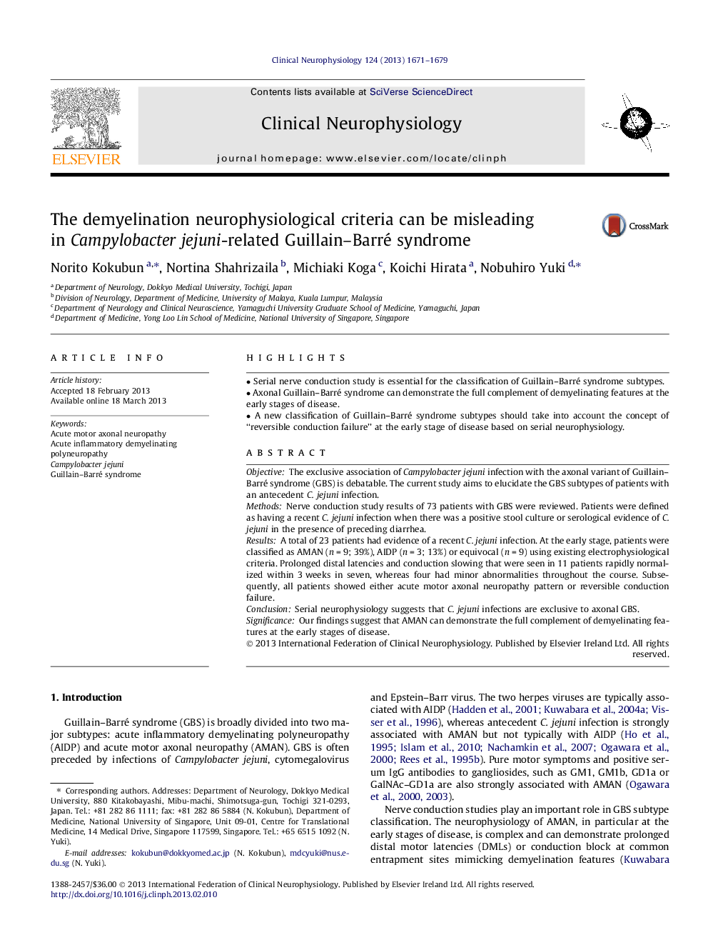 The demyelination neurophysiological criteria can be misleading in Campylobacter jejuni-related Guillain–Barré syndrome