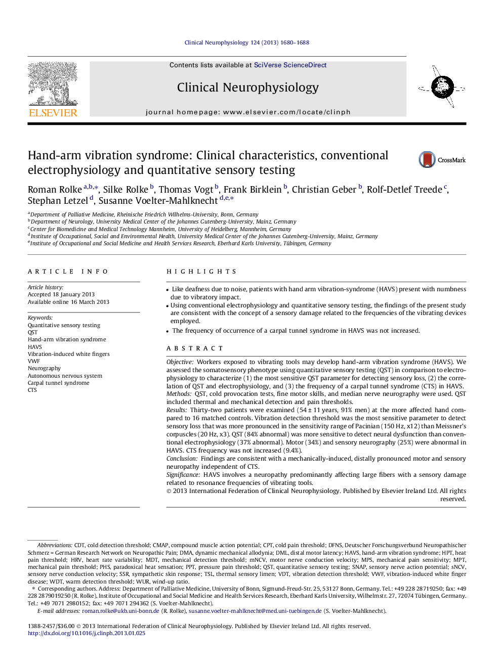 Hand-arm vibration syndrome: Clinical characteristics, conventional electrophysiology and quantitative sensory testing