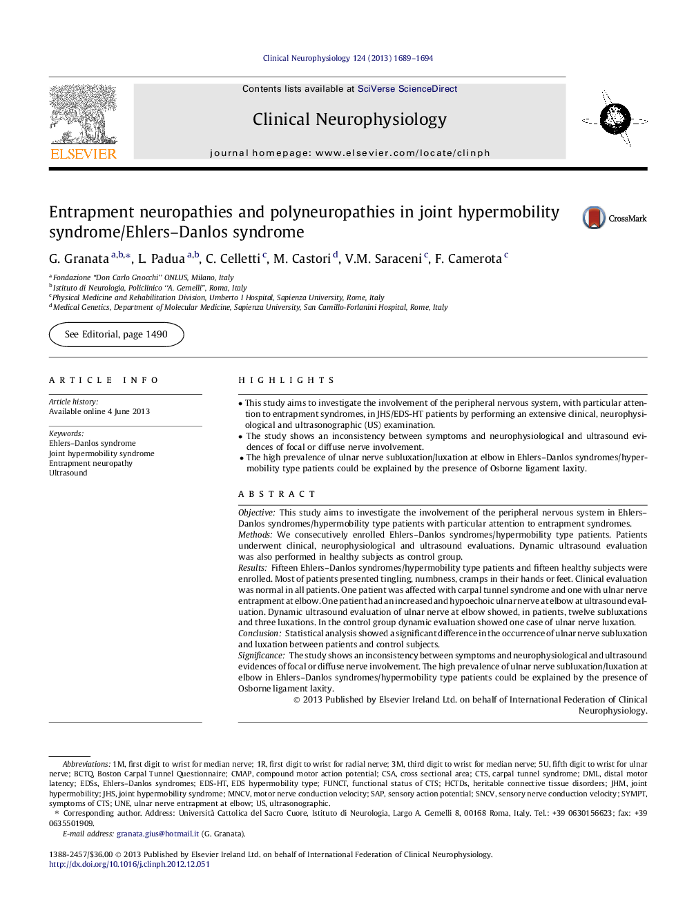 Entrapment neuropathies and polyneuropathies in joint hypermobility syndrome/Ehlers–Danlos syndrome