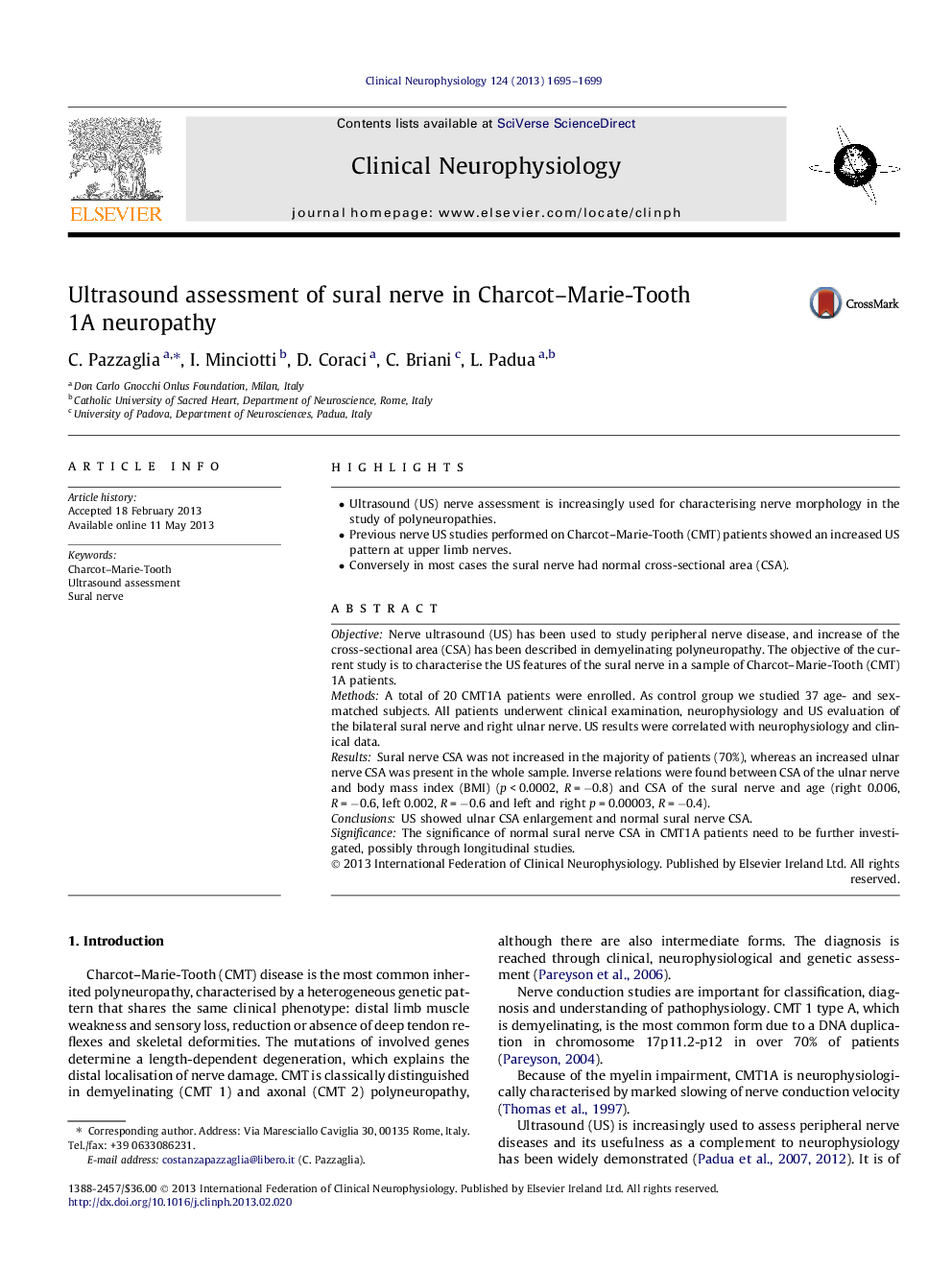 Ultrasound assessment of sural nerve in Charcot–Marie-Tooth 1A neuropathy