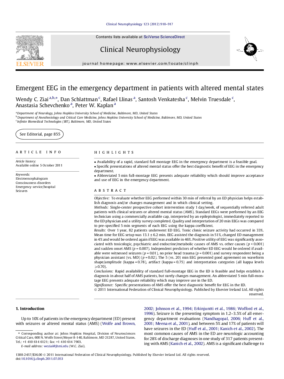 Emergent EEG in the emergency department in patients with altered mental states