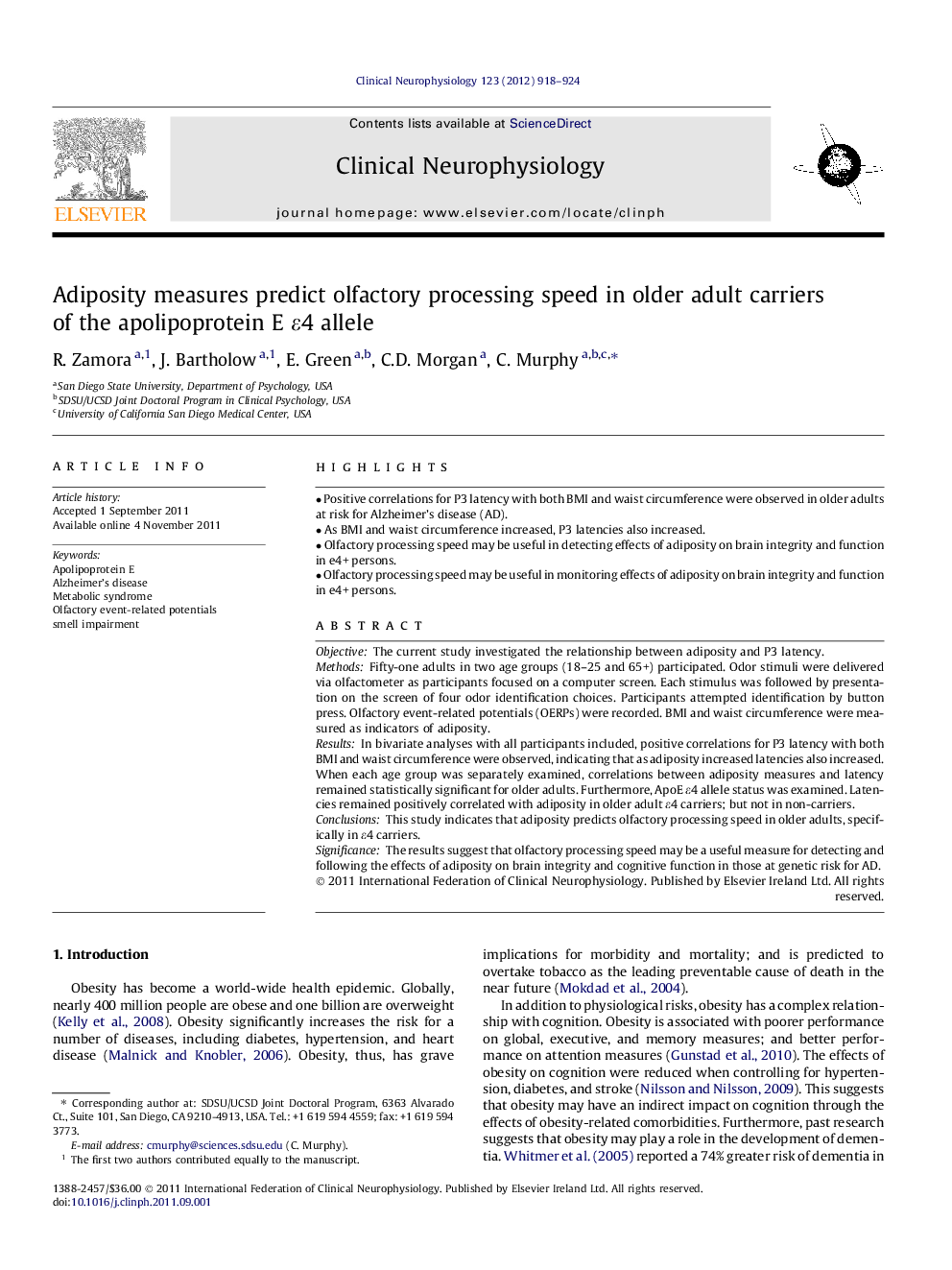 Adiposity measures predict olfactory processing speed in older adult carriers of the apolipoprotein E ε4 allele