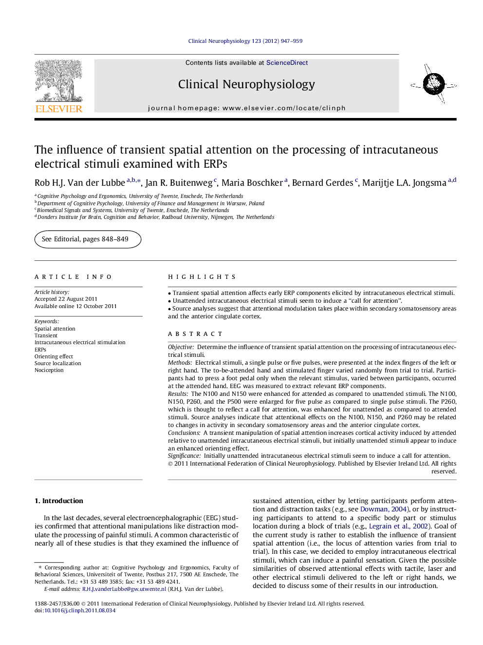 The influence of transient spatial attention on the processing of intracutaneous electrical stimuli examined with ERPs