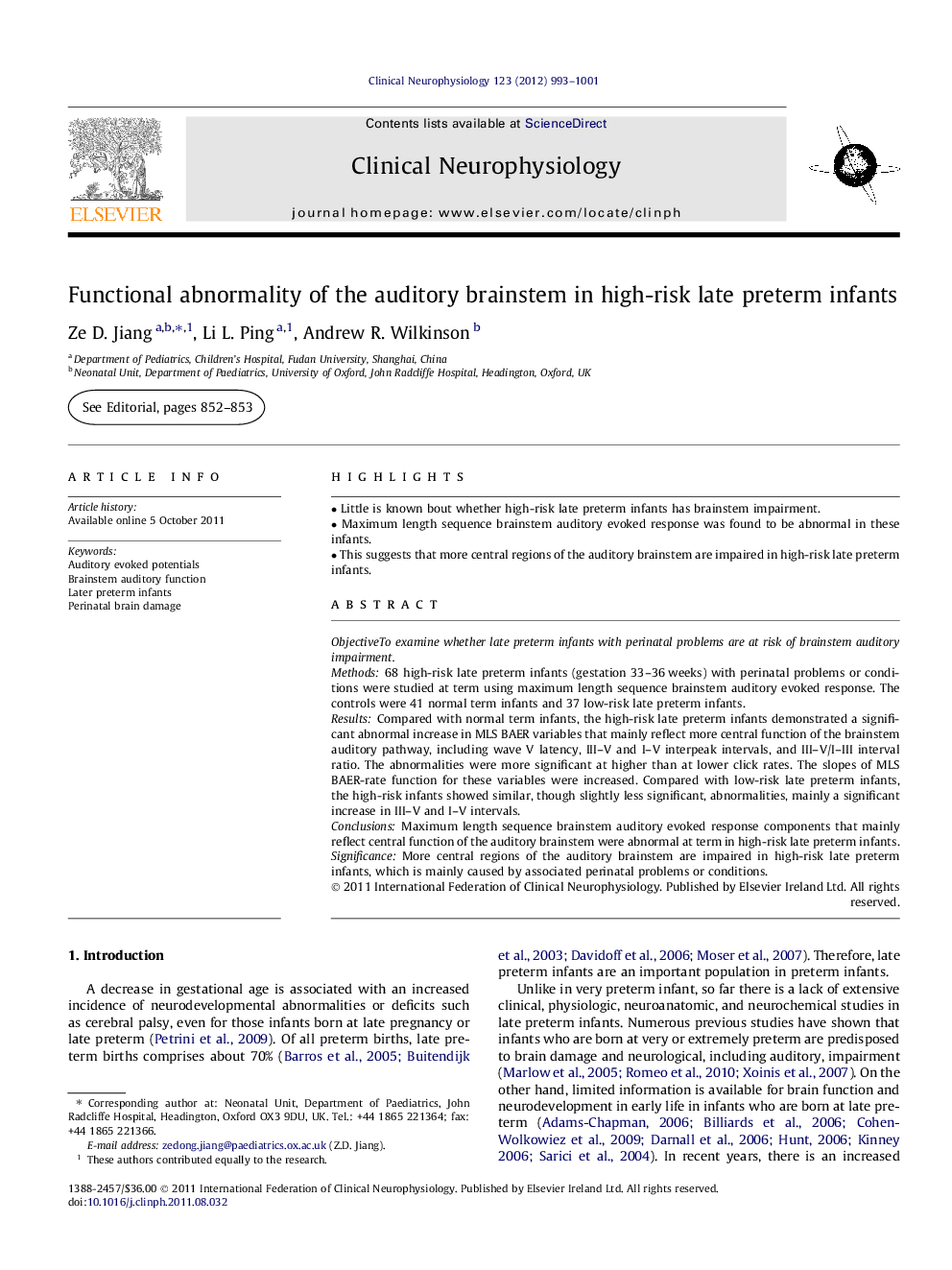 Functional abnormality of the auditory brainstem in high-risk late preterm infants