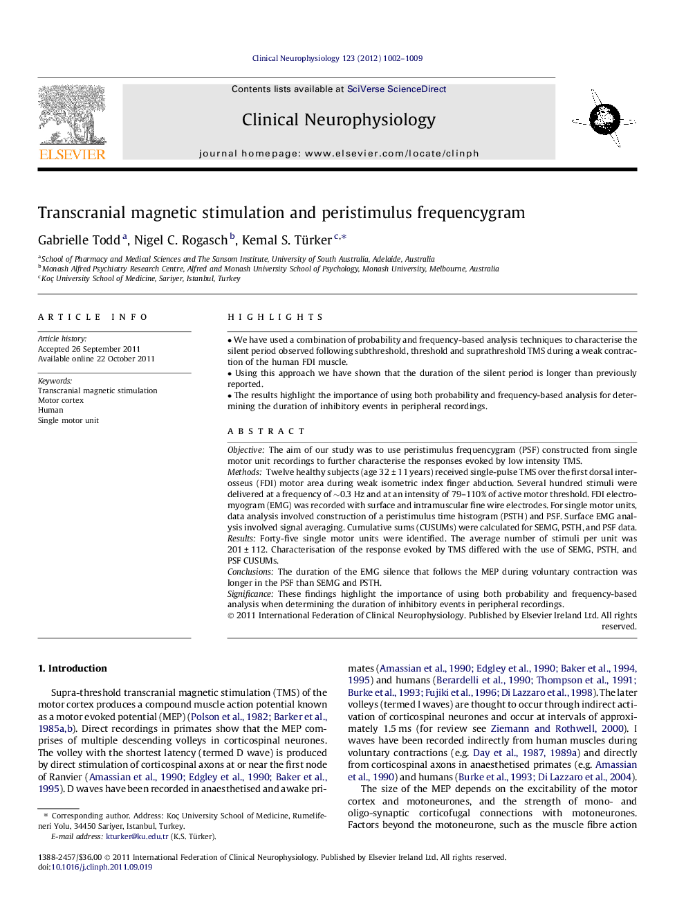 Transcranial magnetic stimulation and peristimulus frequencygram