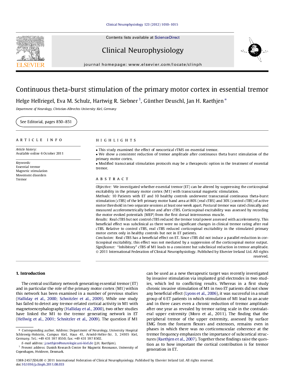 Continuous theta-burst stimulation of the primary motor cortex in essential tremor