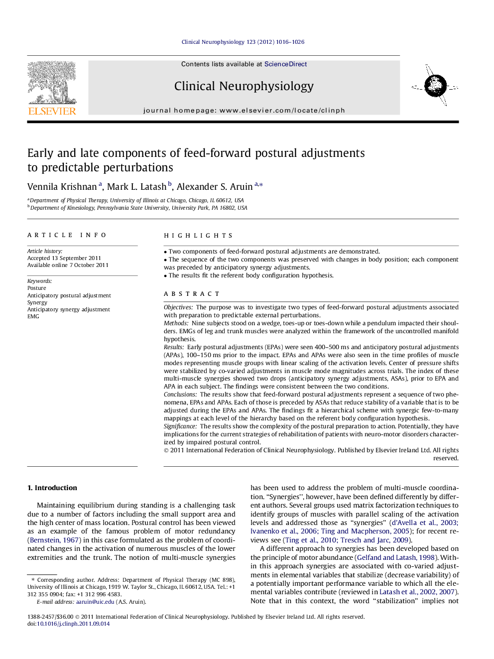 Early and late components of feed-forward postural adjustments to predictable perturbations