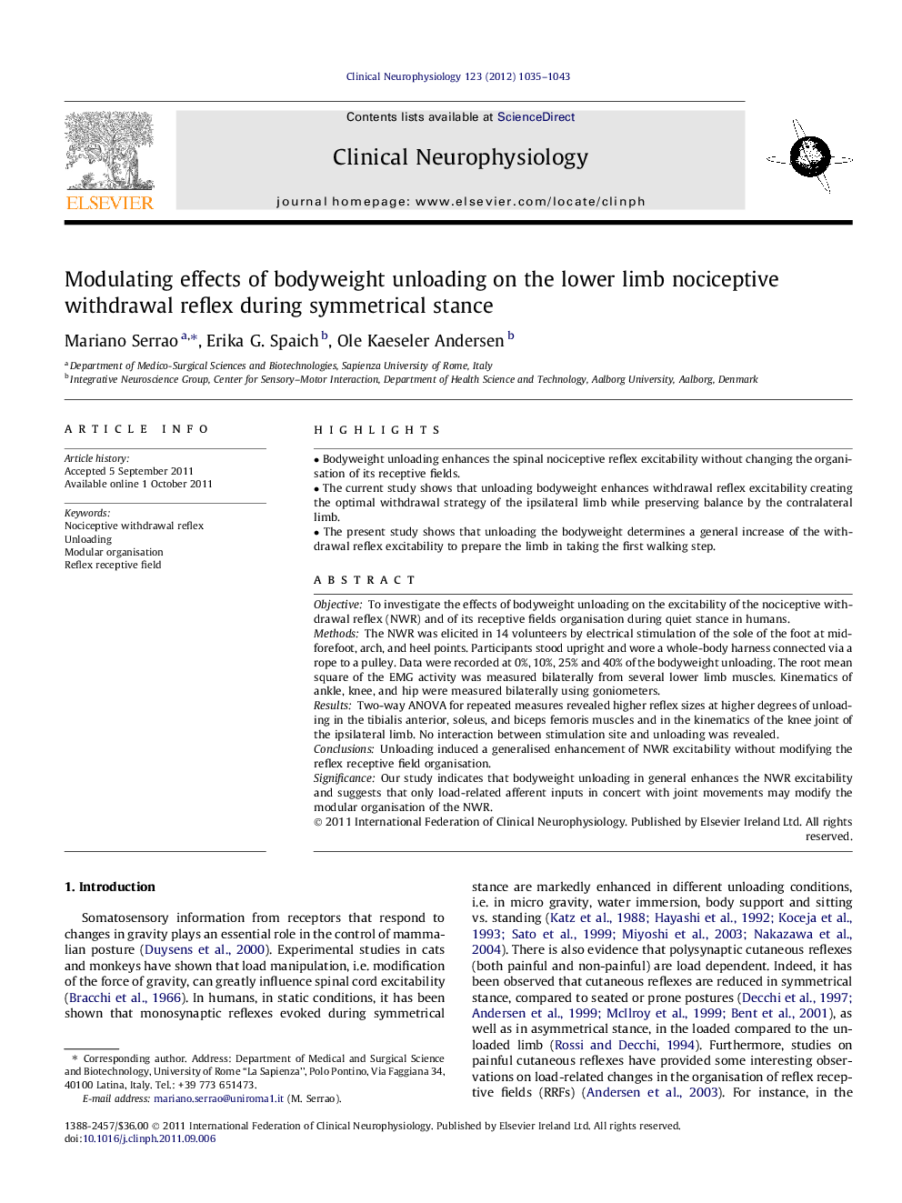 Modulating effects of bodyweight unloading on the lower limb nociceptive withdrawal reflex during symmetrical stance