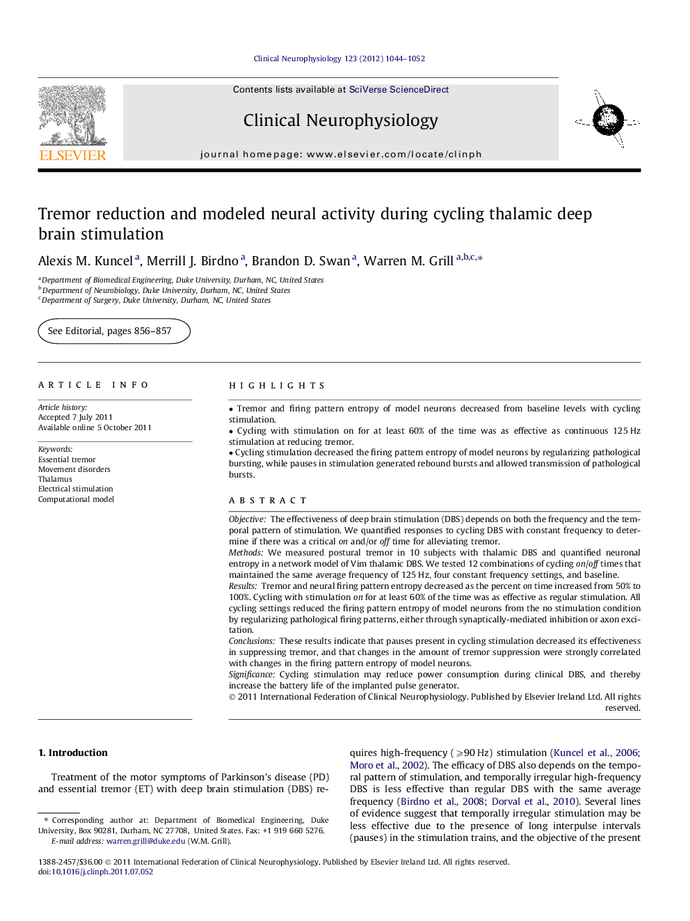 Tremor reduction and modeled neural activity during cycling thalamic deep brain stimulation