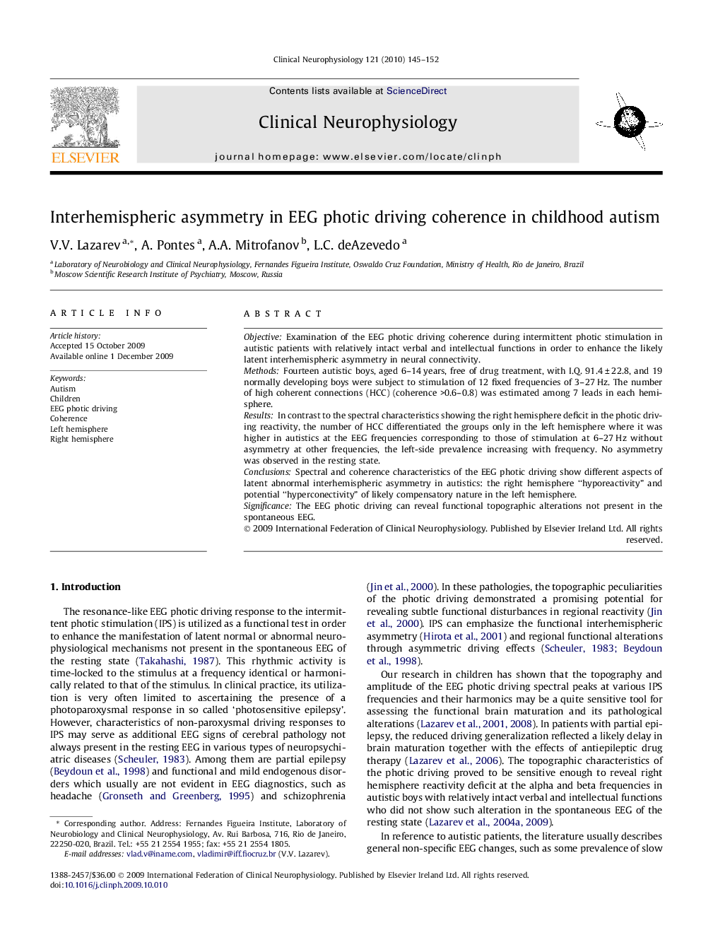 Interhemispheric asymmetry in EEG photic driving coherence in childhood autism