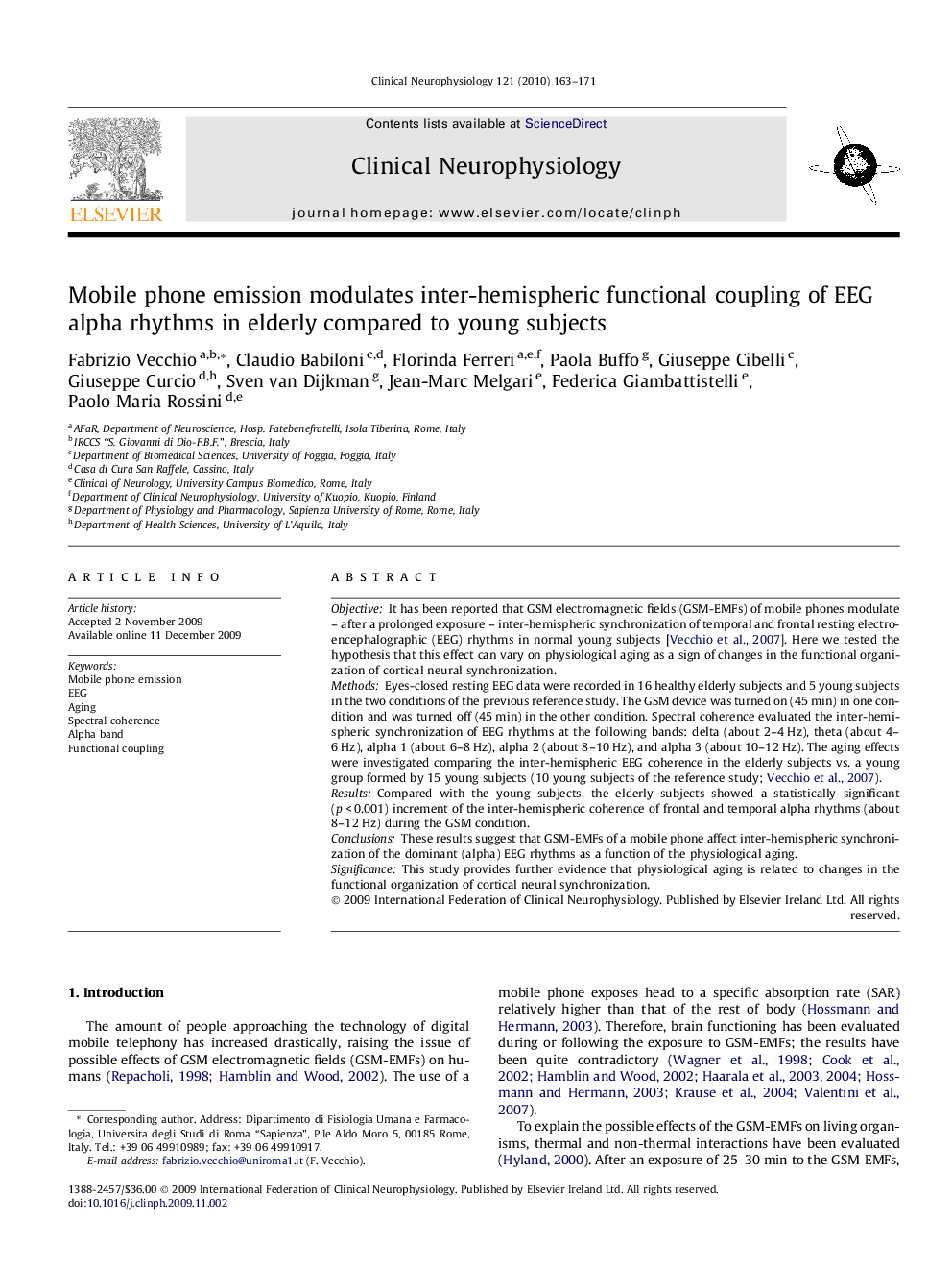 Mobile phone emission modulates inter-hemispheric functional coupling of EEG alpha rhythms in elderly compared to young subjects