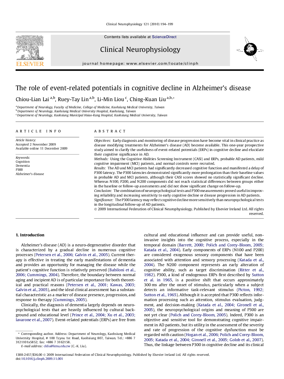 The role of event-related potentials in cognitive decline in Alzheimer’s disease