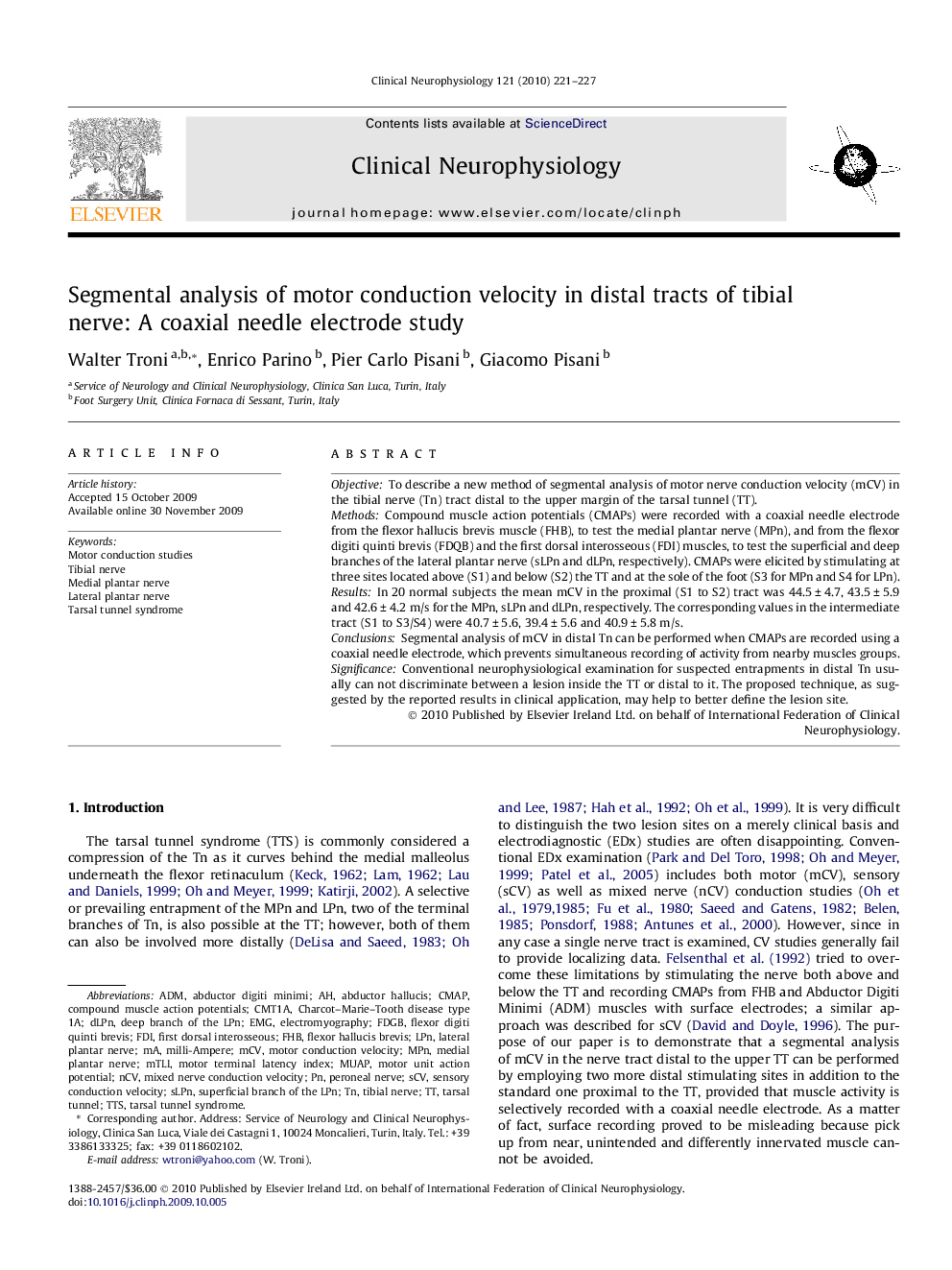 Segmental analysis of motor conduction velocity in distal tracts of tibial nerve: A coaxial needle electrode study