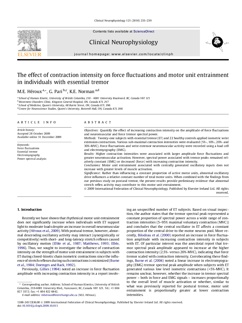 The effect of contraction intensity on force fluctuations and motor unit entrainment in individuals with essential tremor