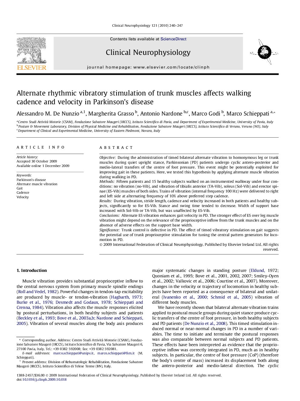 Alternate rhythmic vibratory stimulation of trunk muscles affects walking cadence and velocity in Parkinson’s disease