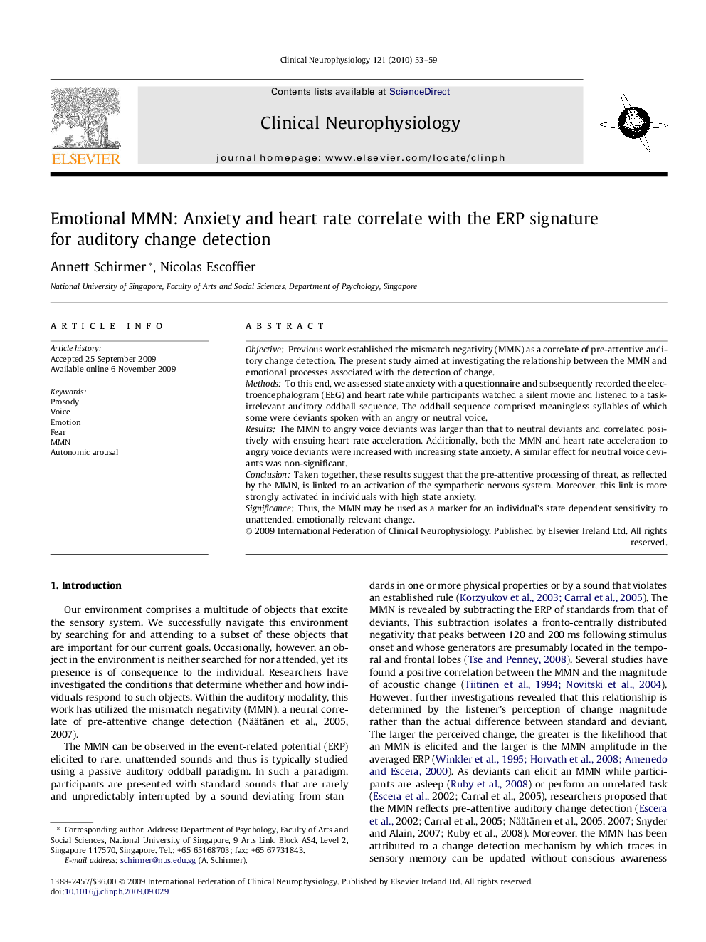 Emotional MMN: Anxiety and heart rate correlate with the ERP signature for auditory change detection