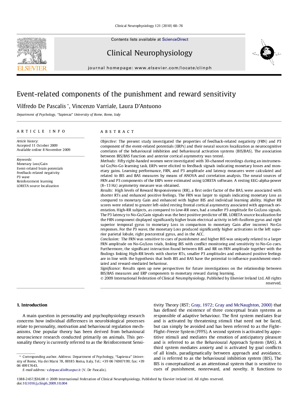 Event-related components of the punishment and reward sensitivity