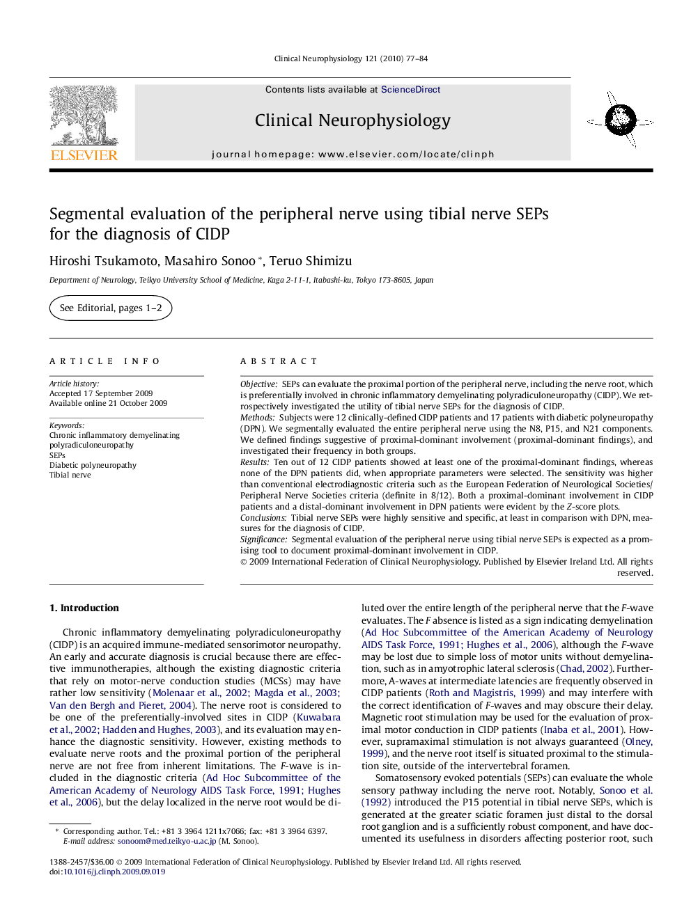 Segmental evaluation of the peripheral nerve using tibial nerve SEPs for the diagnosis of CIDP