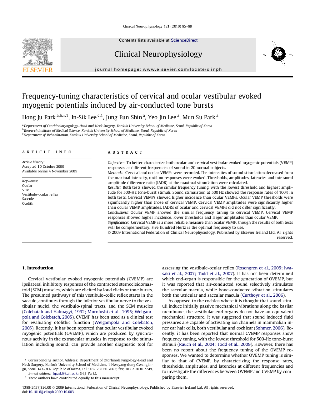 Frequency-tuning characteristics of cervical and ocular vestibular evoked myogenic potentials induced by air-conducted tone bursts