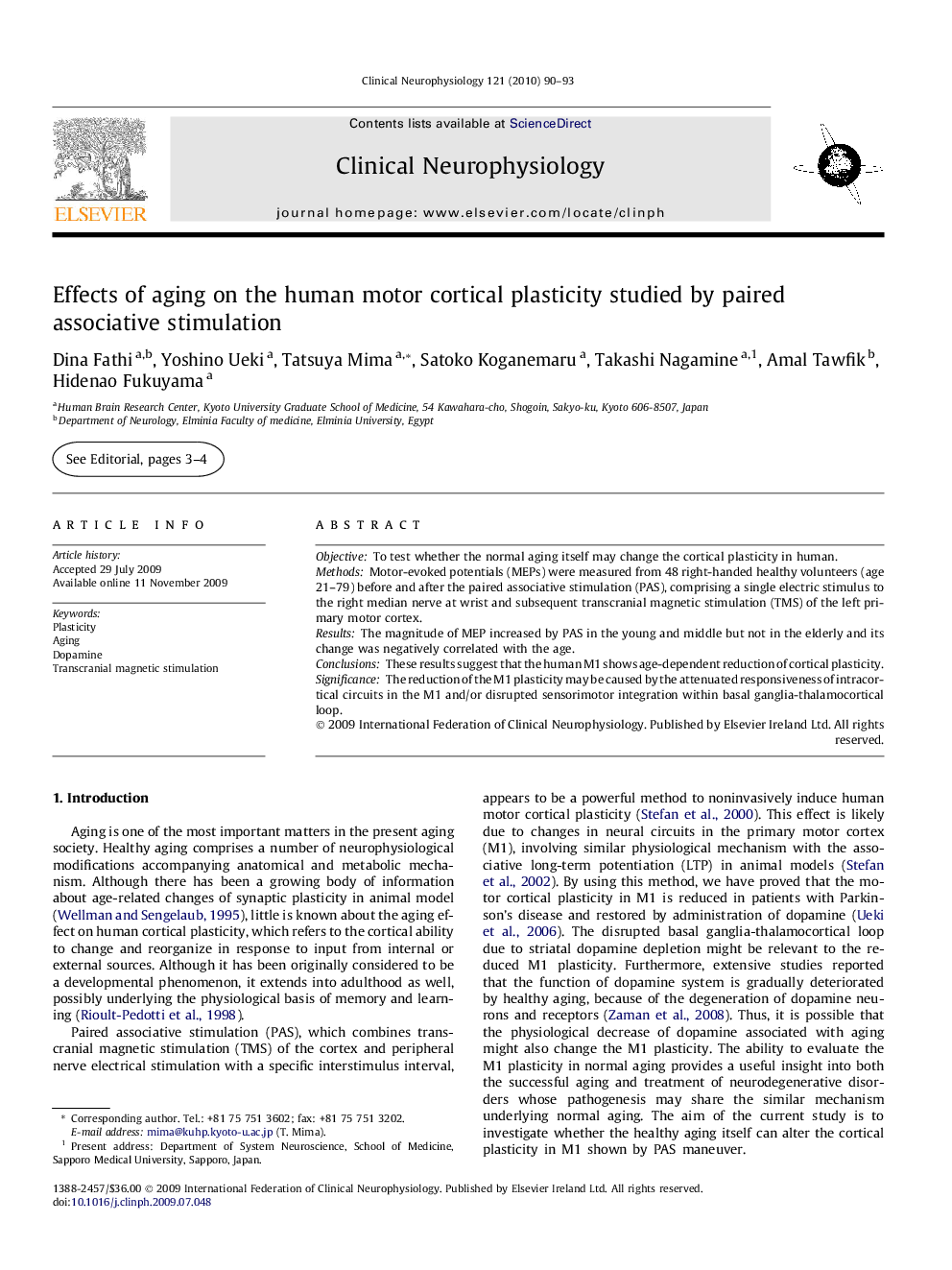 Effects of aging on the human motor cortical plasticity studied by paired associative stimulation