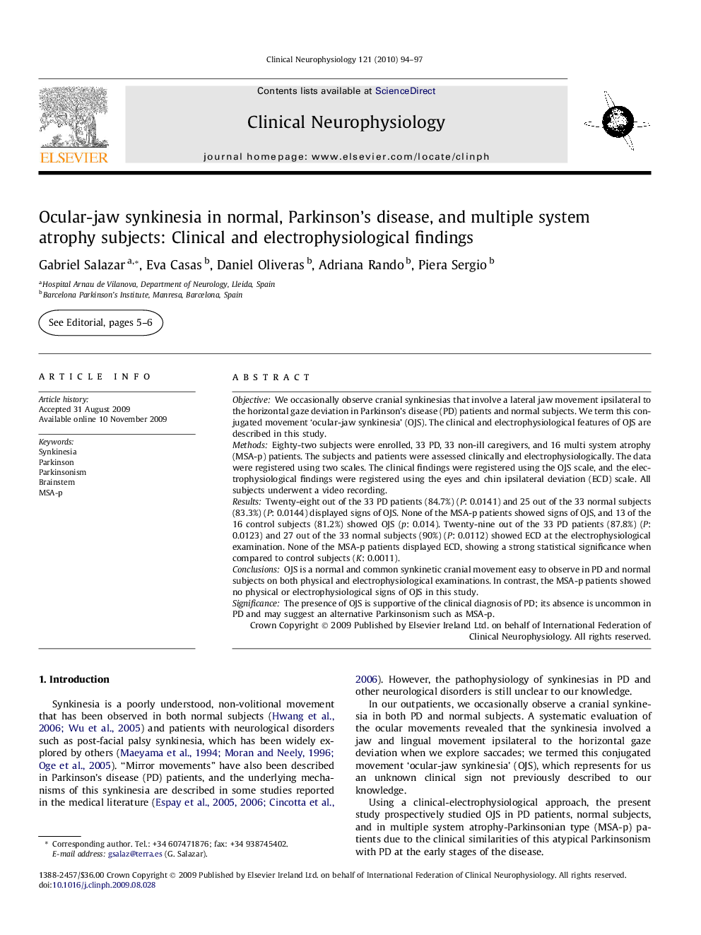 Ocular-jaw synkinesia in normal, Parkinson’s disease, and multiple system atrophy subjects: Clinical and electrophysiological findings