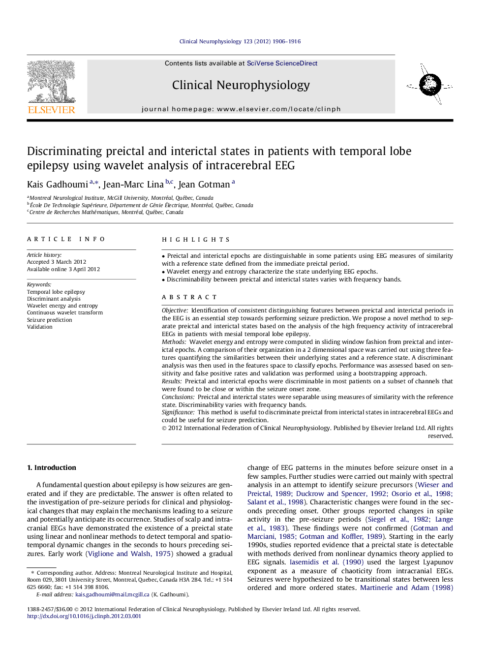 Discriminating preictal and interictal states in patients with temporal lobe epilepsy using wavelet analysis of intracerebral EEG