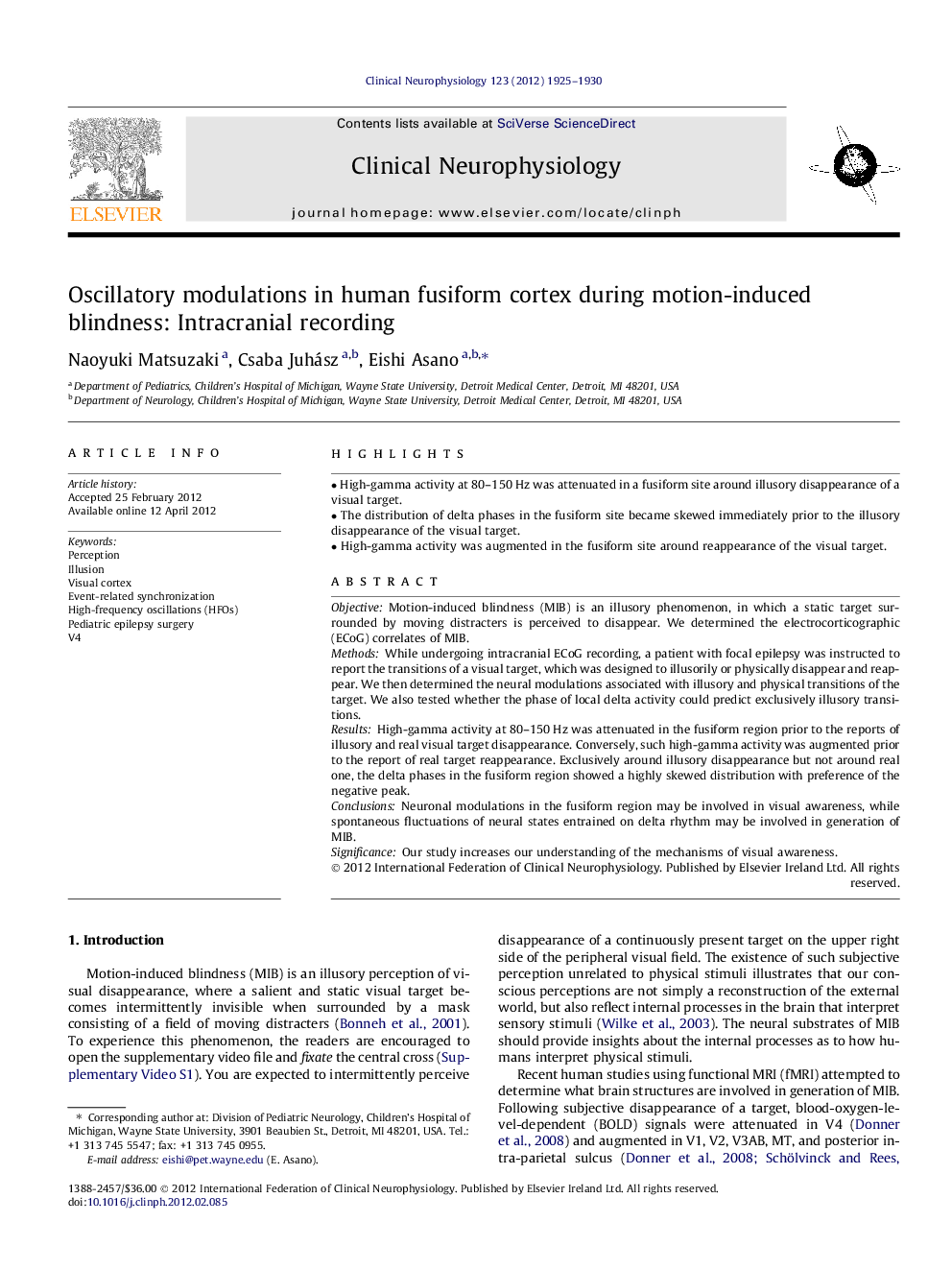 Oscillatory modulations in human fusiform cortex during motion-induced blindness: Intracranial recording