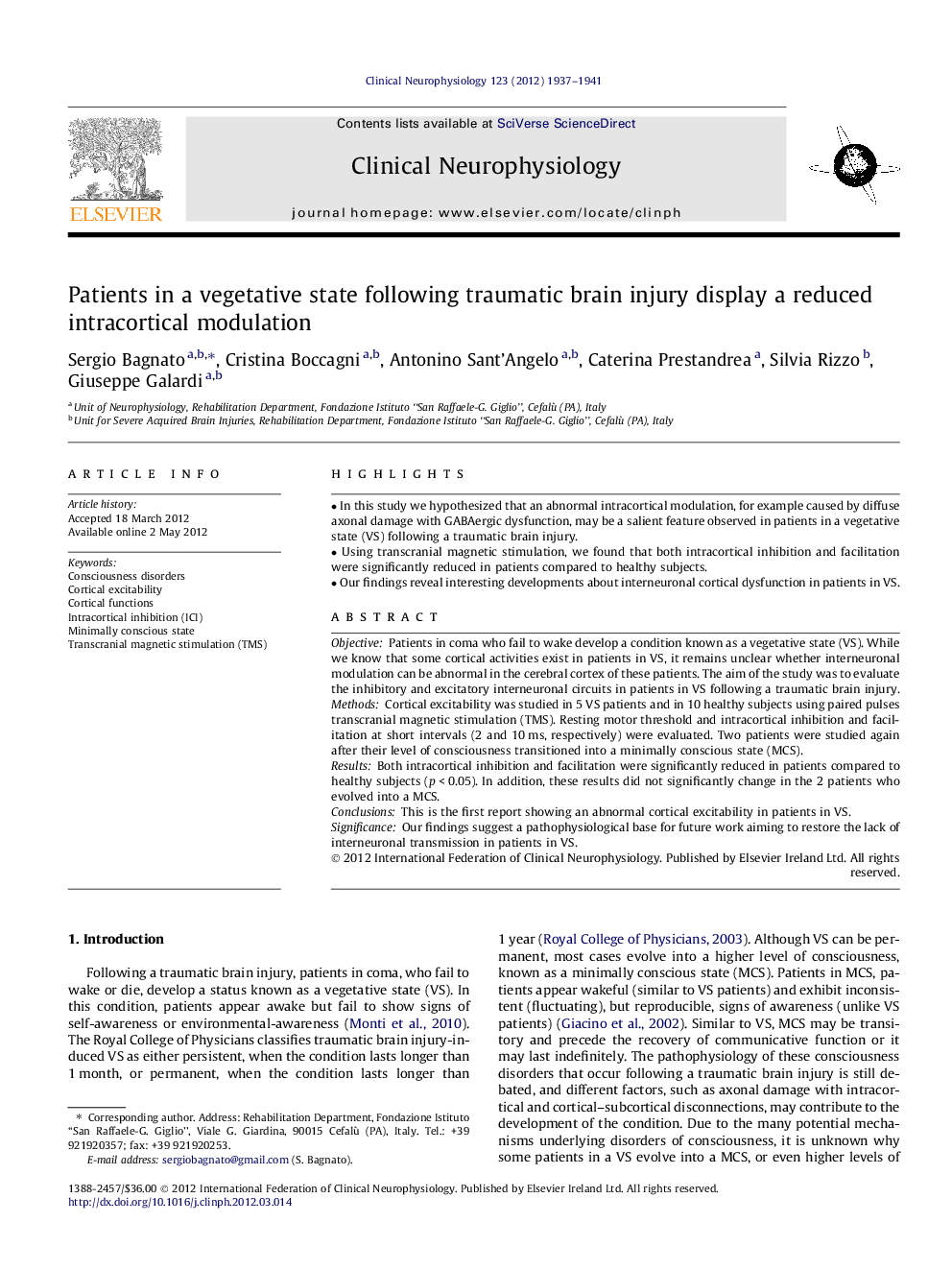 Patients in a vegetative state following traumatic brain injury display a reduced intracortical modulation