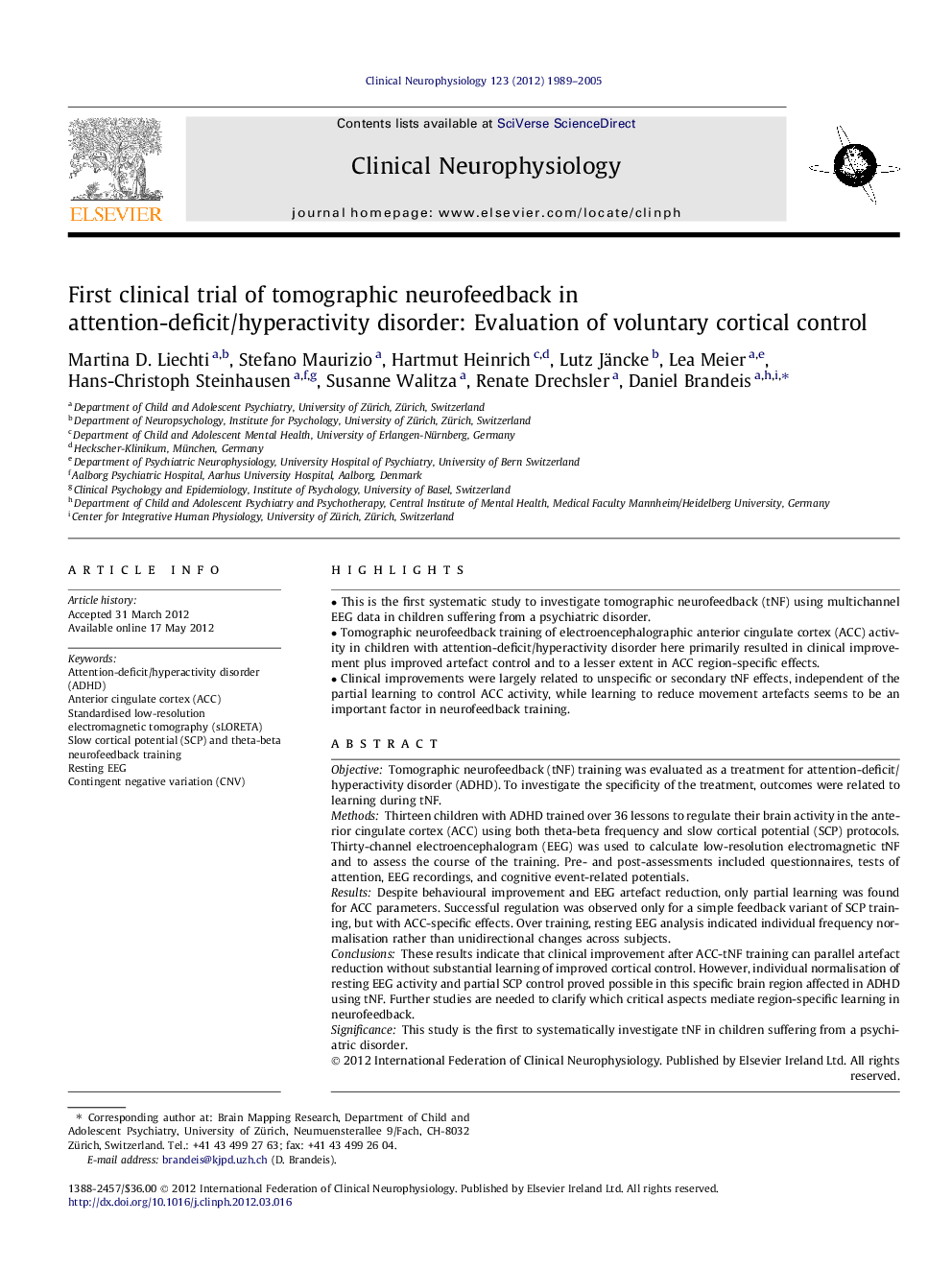 First clinical trial of tomographic neurofeedback in attention-deficit/hyperactivity disorder: Evaluation of voluntary cortical control