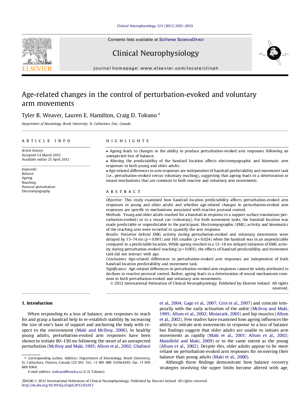 Age-related changes in the control of perturbation-evoked and voluntary arm movements