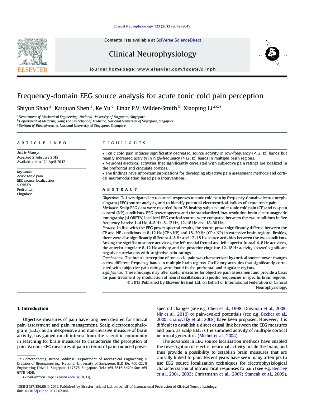 Frequency-domain EEG source analysis for acute tonic cold pain perception