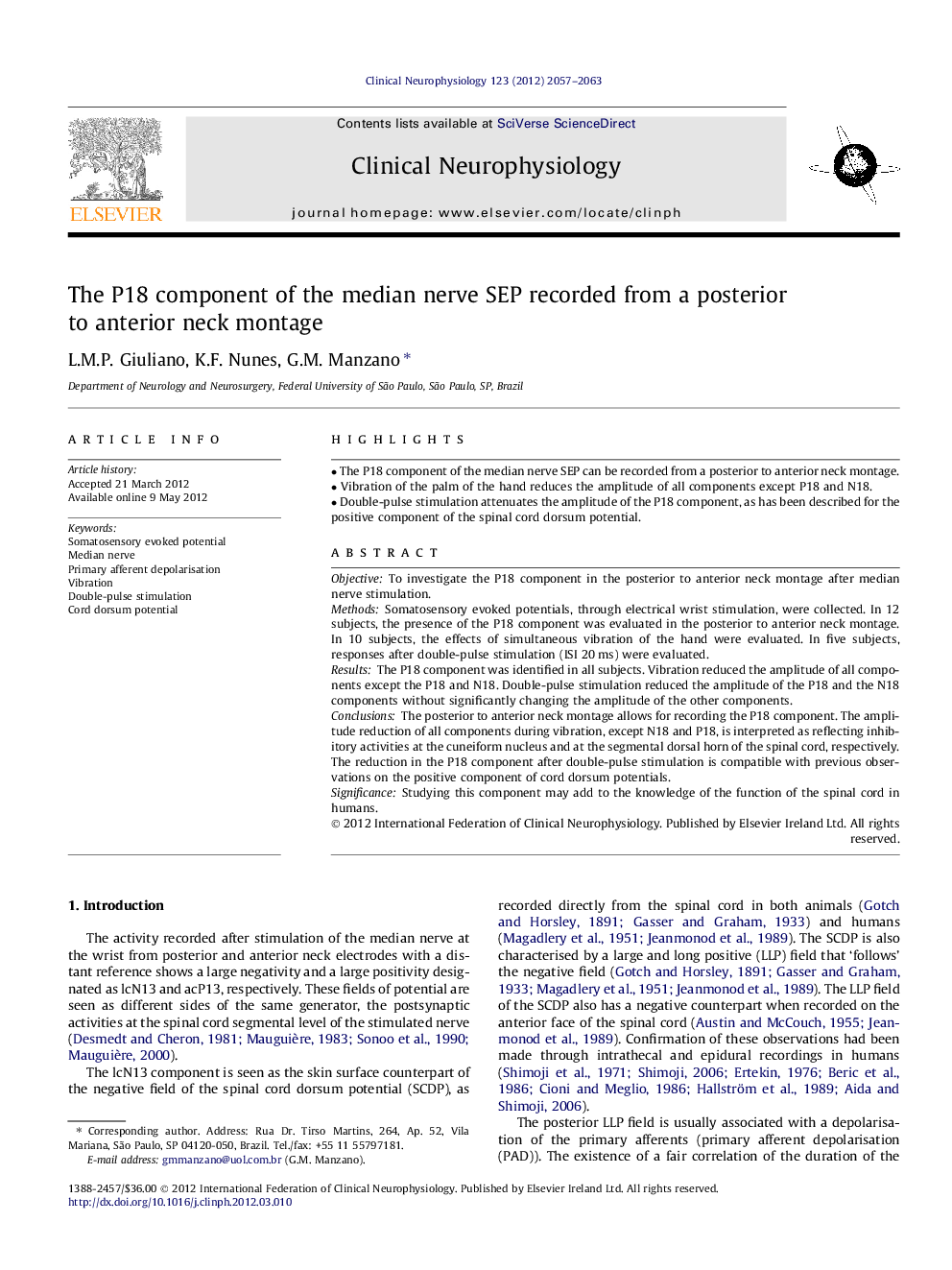 The P18 component of the median nerve SEP recorded from a posterior to anterior neck montage