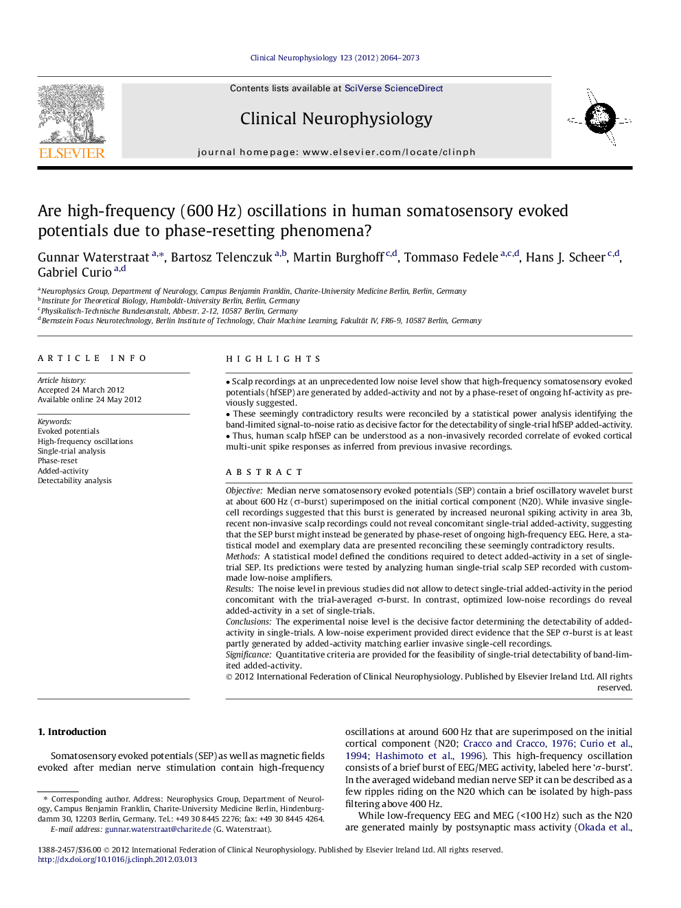 Are high-frequency (600 Hz) oscillations in human somatosensory evoked potentials due to phase-resetting phenomena?