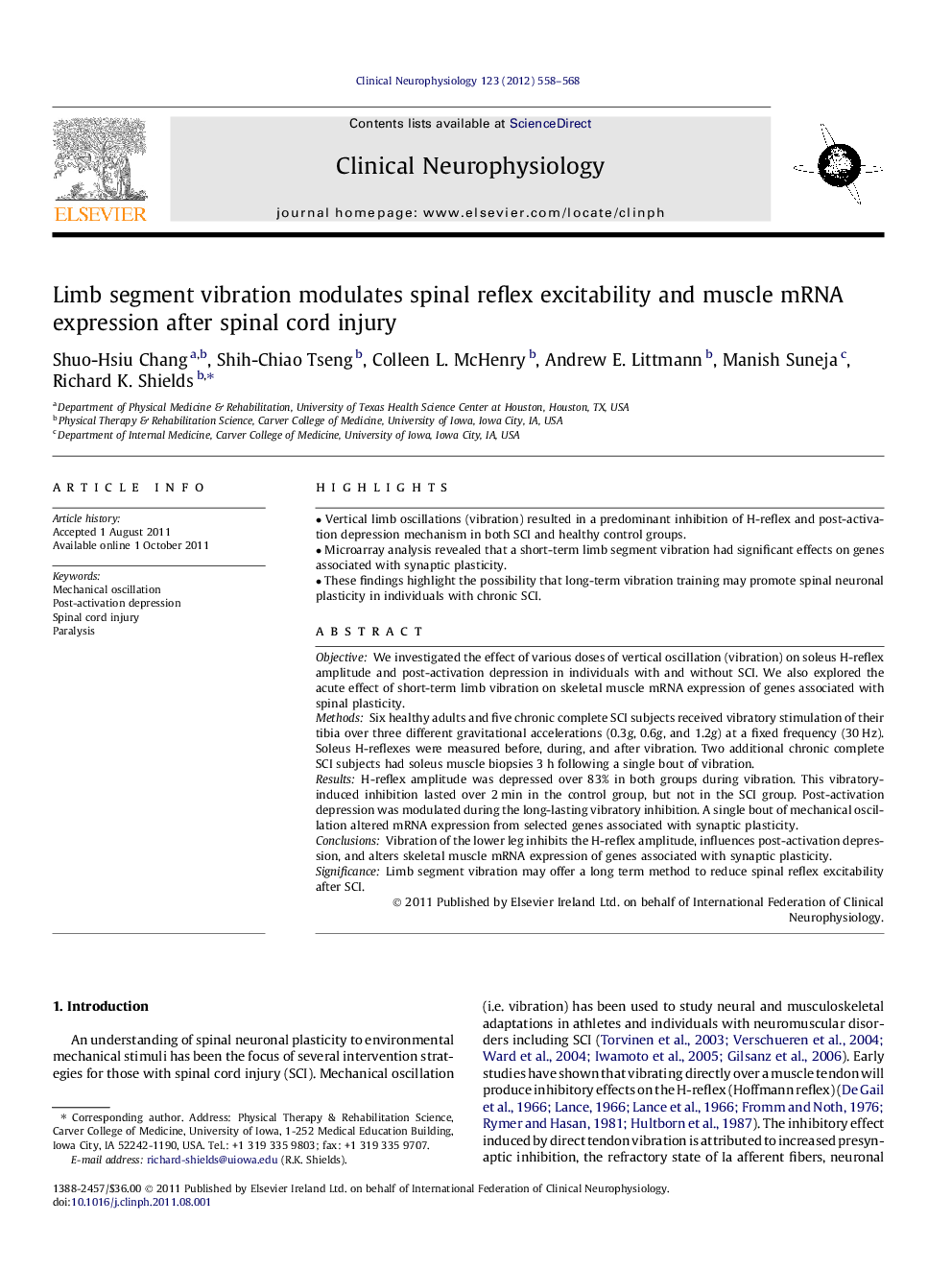 Limb segment vibration modulates spinal reflex excitability and muscle mRNA expression after spinal cord injury