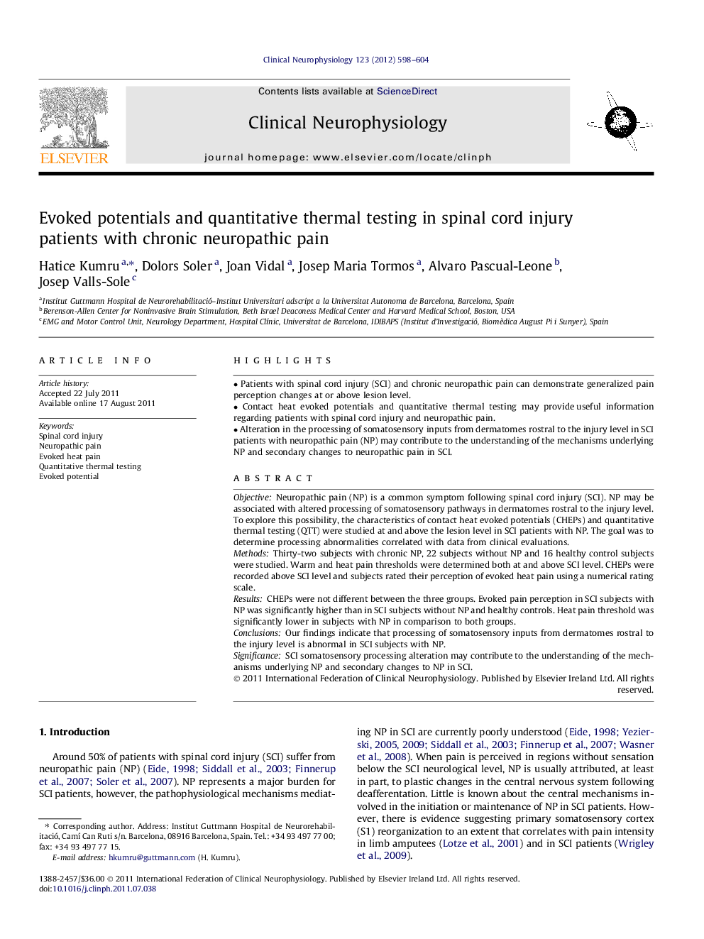 Evoked potentials and quantitative thermal testing in spinal cord injury patients with chronic neuropathic pain