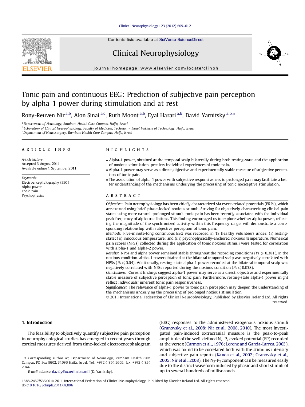 Tonic pain and continuous EEG: Prediction of subjective pain perception by alpha-1 power during stimulation and at rest