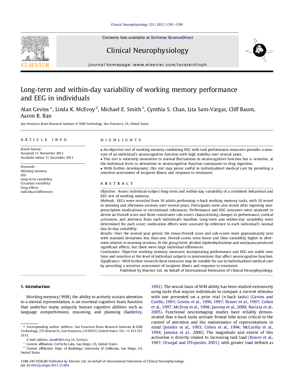 Long-term and within-day variability of working memory performance and EEG in individuals