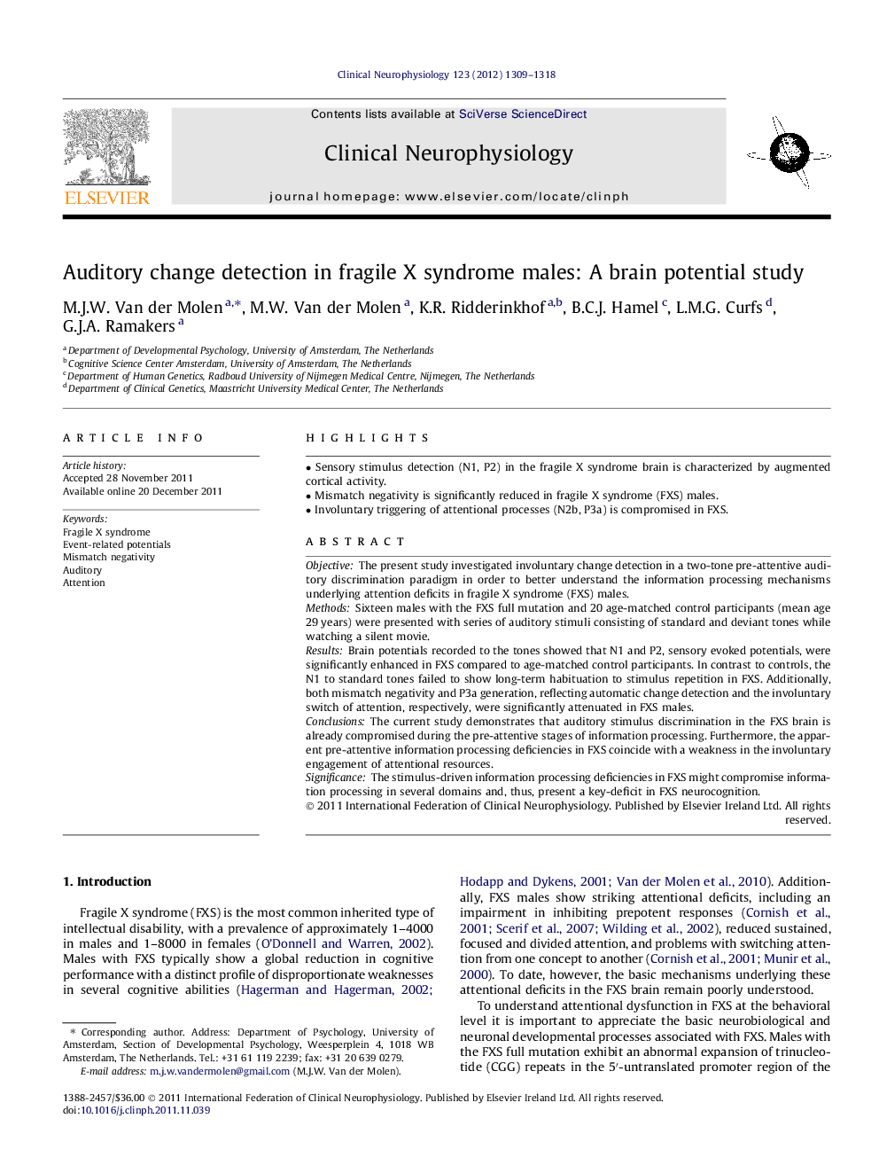 Auditory change detection in fragile X syndrome males: A brain potential study