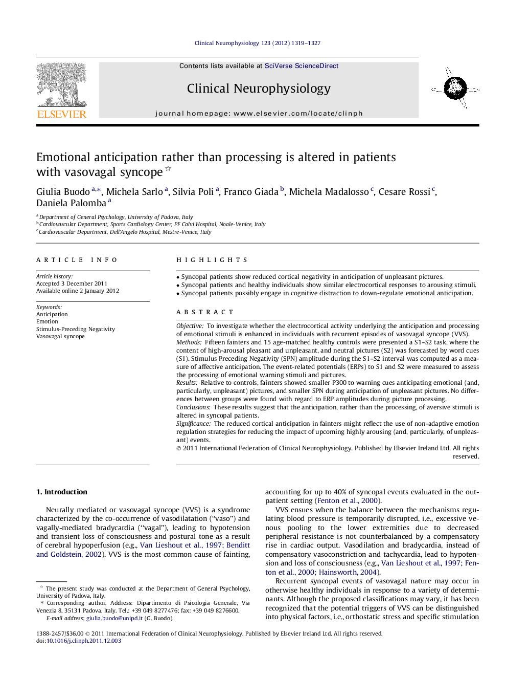 Emotional anticipation rather than processing is altered in patients with vasovagal syncope 