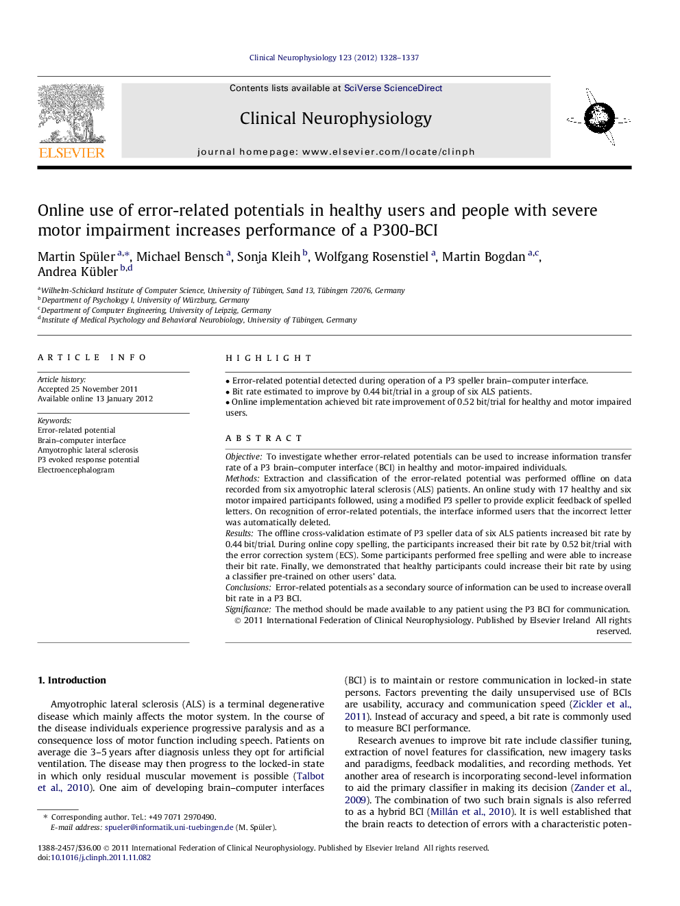 Online use of error-related potentials in healthy users and people with severe motor impairment increases performance of a P300-BCI