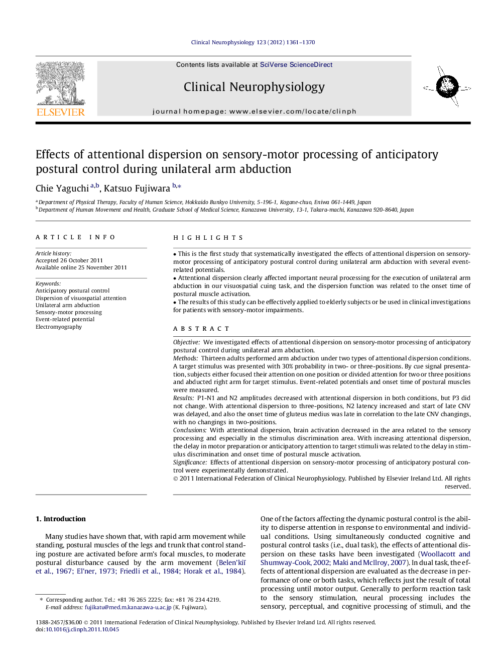 Effects of attentional dispersion on sensory-motor processing of anticipatory postural control during unilateral arm abduction