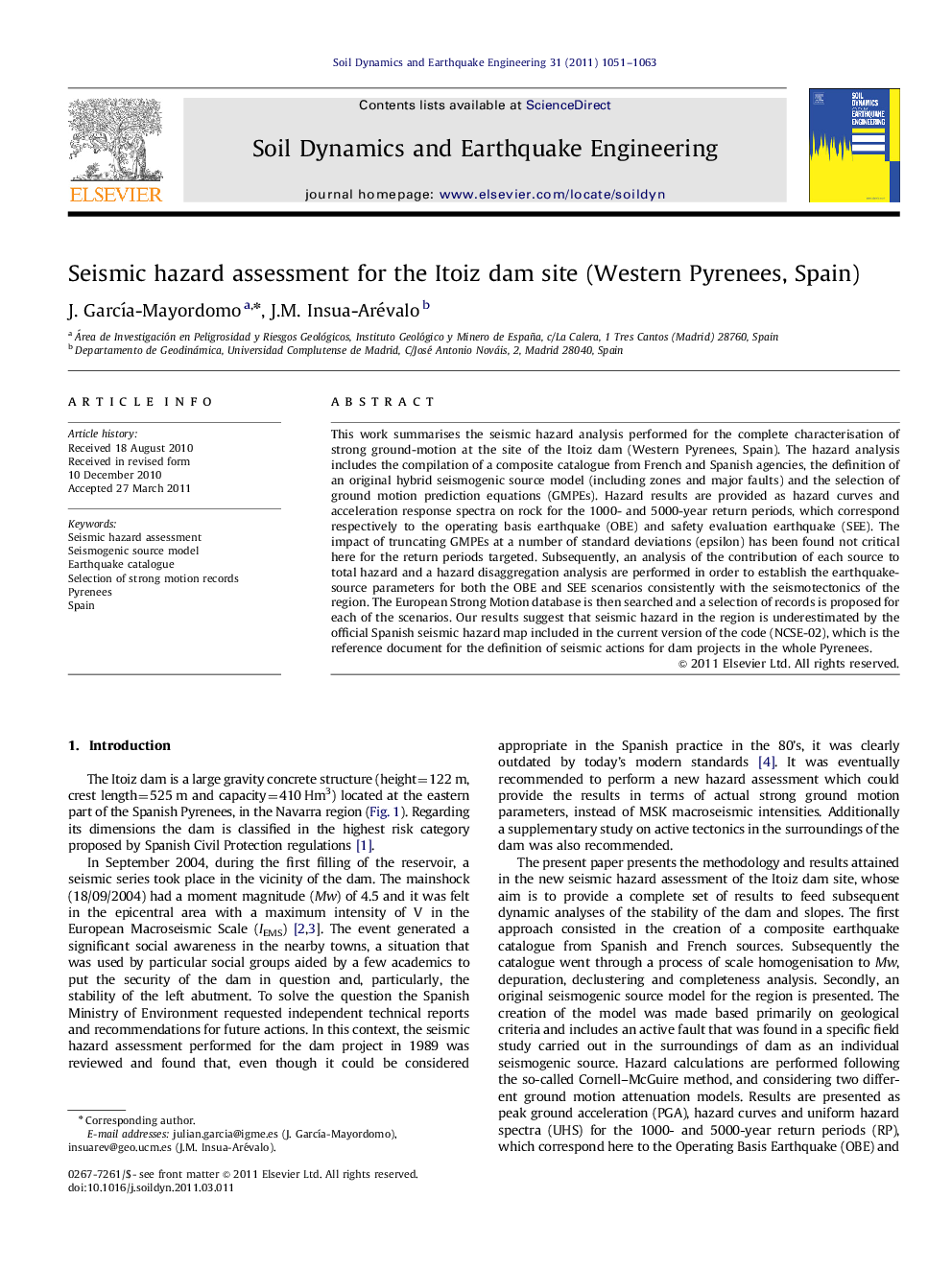 Seismic hazard assessment for the Itoiz dam site (Western Pyrenees, Spain)