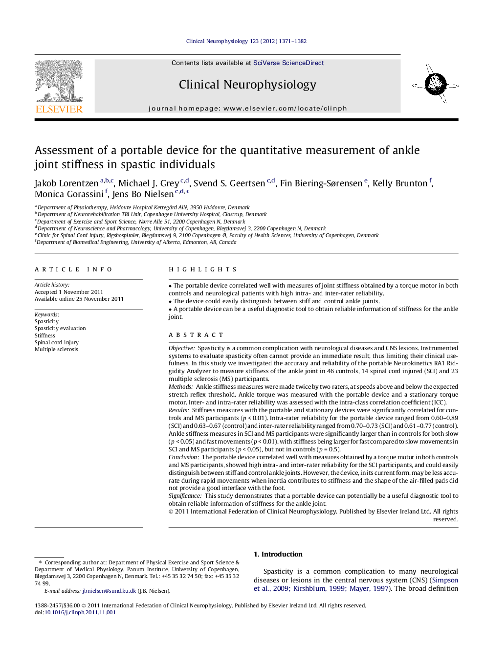 Assessment of a portable device for the quantitative measurement of ankle joint stiffness in spastic individuals