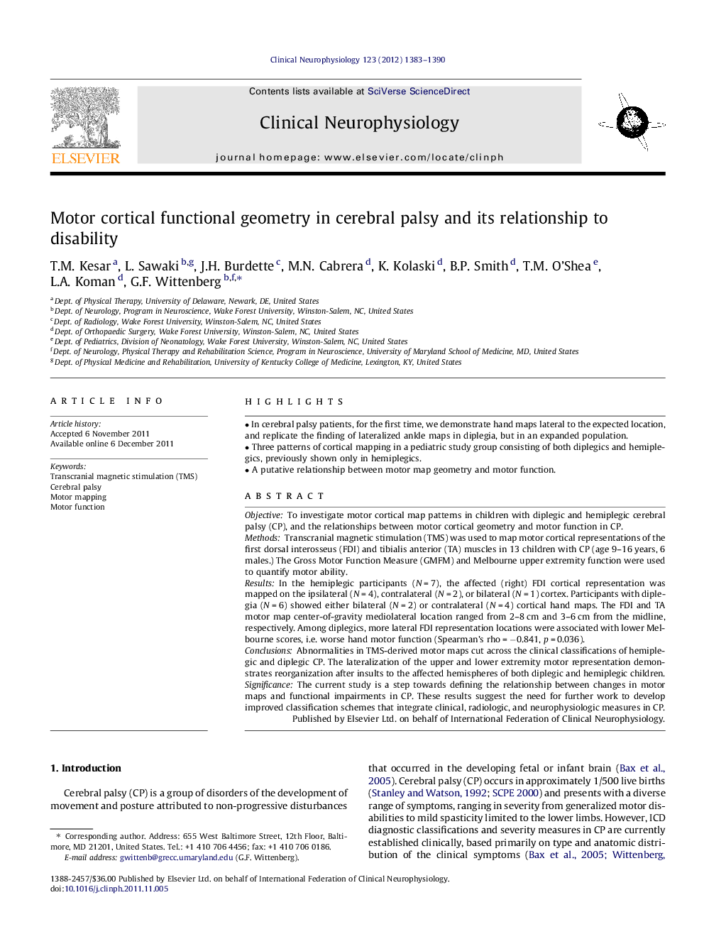 Motor cortical functional geometry in cerebral palsy and its relationship to disability