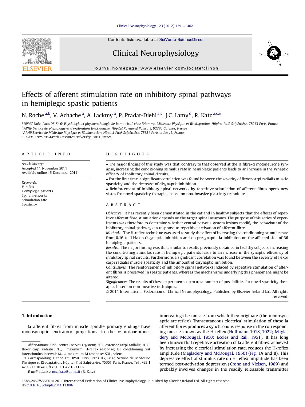 Effects of afferent stimulation rate on inhibitory spinal pathways in hemiplegic spastic patients