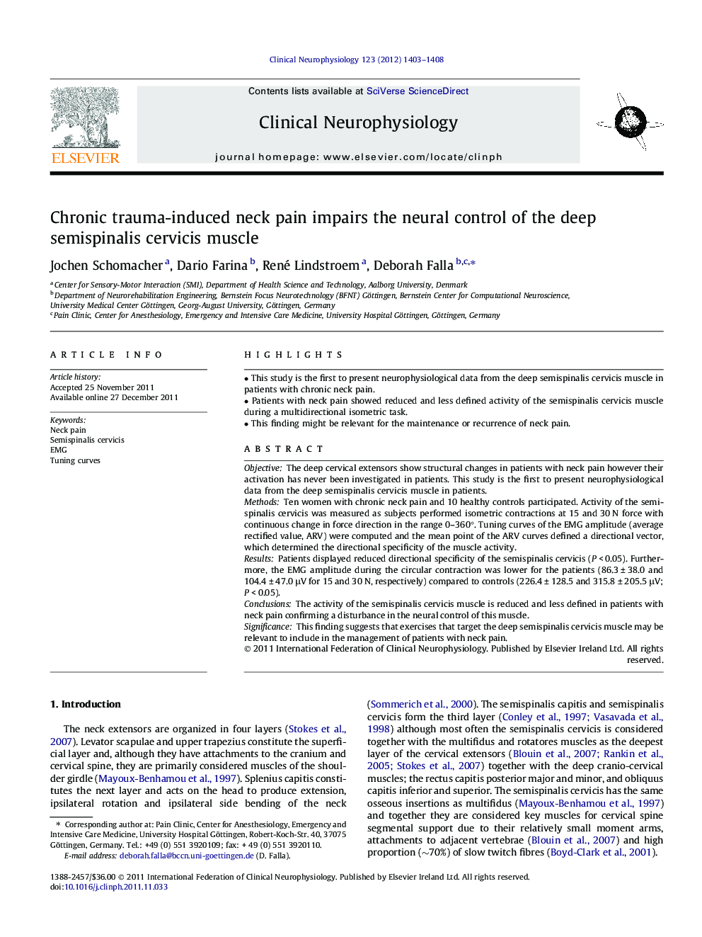 Chronic trauma-induced neck pain impairs the neural control of the deep semispinalis cervicis muscle