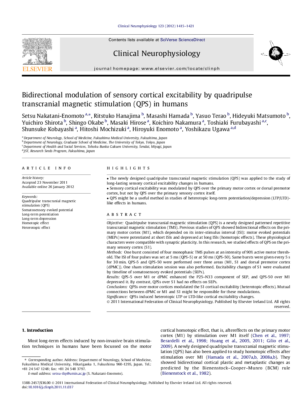 Bidirectional modulation of sensory cortical excitability by quadripulse transcranial magnetic stimulation (QPS) in humans