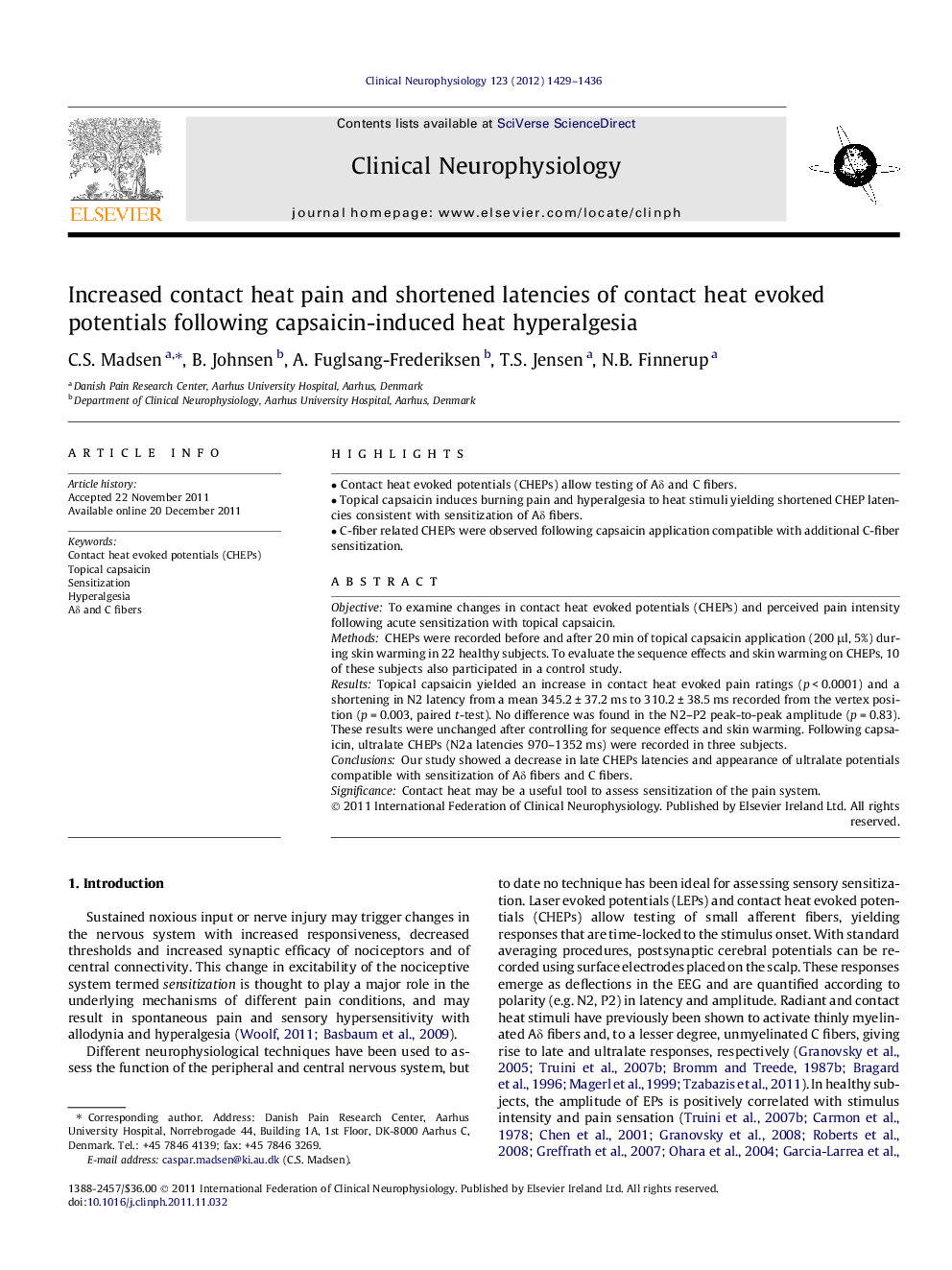 Increased contact heat pain and shortened latencies of contact heat evoked potentials following capsaicin-induced heat hyperalgesia