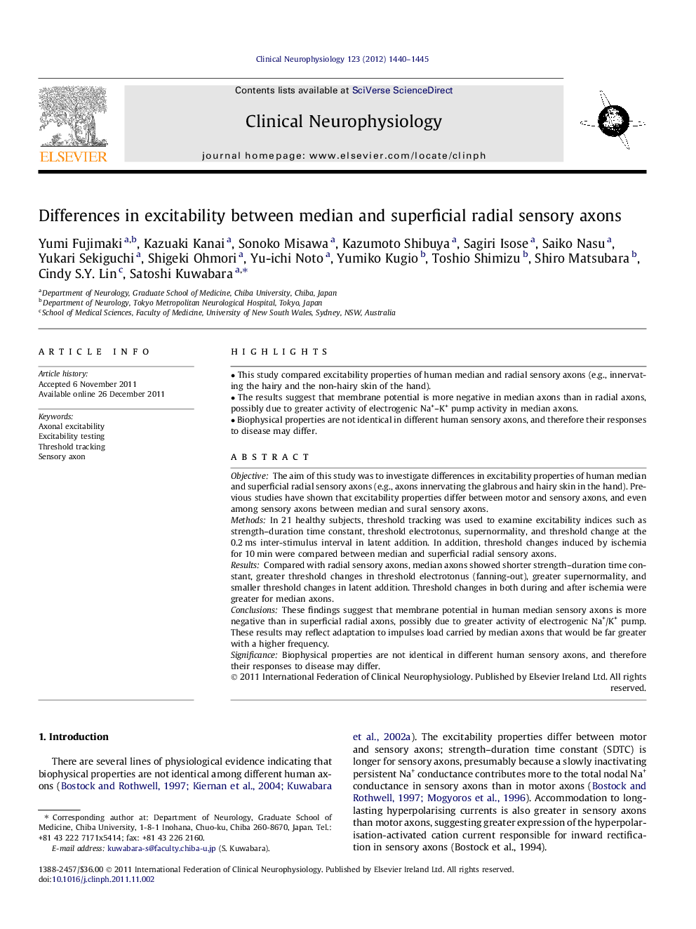 Differences in excitability between median and superficial radial sensory axons